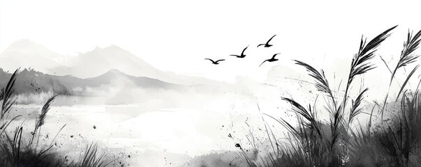 Poster - Ink illustration abstract background concept. A serene monochrome landscape with distant mountains and flying birds.