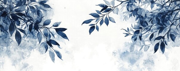 Poster - Ink illustration abstract background concept. Elegant blue leaves on a soft background, perfect for nature-inspired designs.