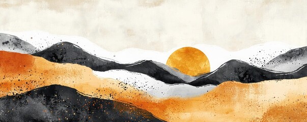 Poster - Ink illustration abstract background concept. A stunning abstract landscape painting featuring mountains and a vibrant sunset.