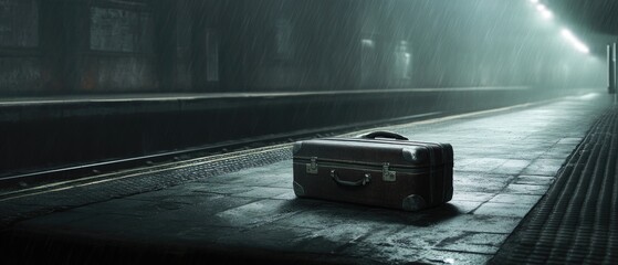 Poster - A suitcase sits on the side of a train platform, waiting for its next journey