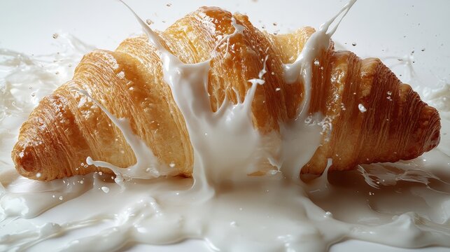 Surreal croissant composition blending bakery delight with milk splash in a dreamlike white setting