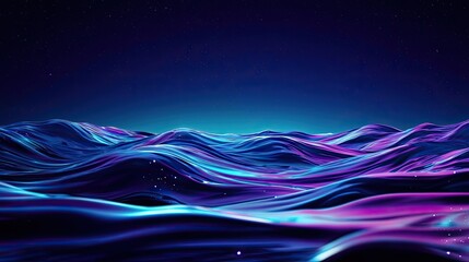 Poster - Seascape abstract background idea. Vibrant, flowing ocean waves illuminated by neon colors under a starry night sky.