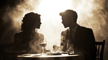 Aufkleber - A pair of individuals engaged in conversation or dining together, seated at a table