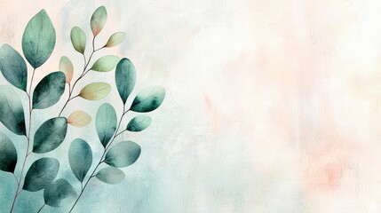 Poster - Floral illustration abstract background concept. A serene watercolor illustration of green leaves on a soft, pastel background.
