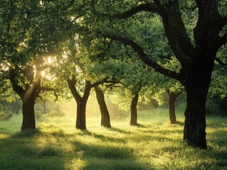 Poster - A bright sunny day with sunlight shining through tree branches in a peaceful park setting, great for nature or outdoor use