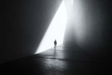 Poster - A person stands in a dark room, illuminated by a light source from outside