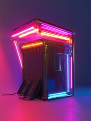 Aufkleber - A small building with neon lights on top in the evening, ideal for cityscape or nightlife use