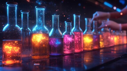 Poster - Brightly colored liquids in glass containers are being mixed in a high-tech laboratory. The environment showcases advanced automation and the intricacies of chemical synthesis.