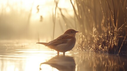 Poster - A small bird stands in the water near tall grass, waiting for its next move