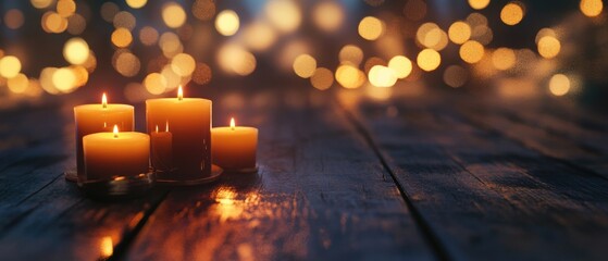 Poster - Three candles sit on a wooden table, providing soft light