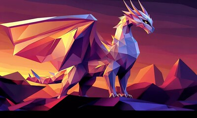 Poster - Polygonal Dragon on Mountain Peaks at Sunset