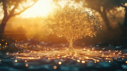 Aufkleber - Illuminated Tree with Digital Roots Glowing in Nature at Sunset in a Futuristic Landscape