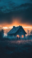 Aufkleber - A single story house surrounded by a green field, capturing the warm glow of a sunset
