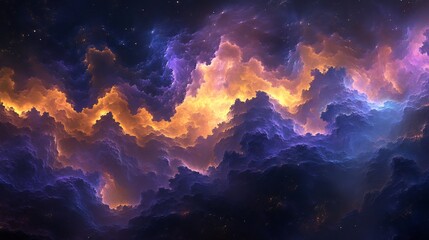 Wall Mural - Fiery nebula swirls brilliantly illuminate cosmic cloudscape. AI Generated