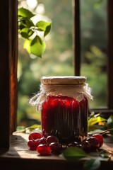 Aufkleber - A jar of cherries sits on a table next to a window