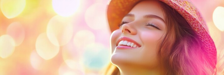 Poster - Happy person enjoying life after dental implants against a bright pastel background with soft bokeh lights