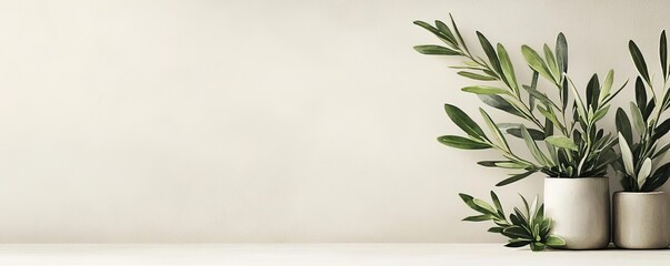 Poster - Floral illustration abstract background concept. Elegant indoor plants in minimalist pots on a neutral wall background, enhancing decor.