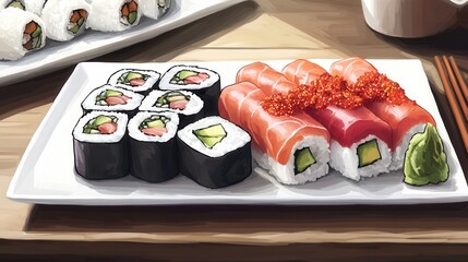 Poster - Beautifully arranged sushi plate featuring spicy tuna and assorted rolls on a wooden table