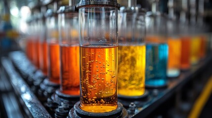 Aufkleber - In a state-of-the-art refinery, vibrant liquids bubble in transparent containers during chemical synthesis, illustrating advanced automation in the petrochemical industry.