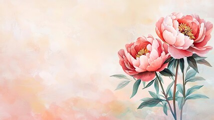 Poster - Floral illustration abstract background concept. Beautiful peonies bloom against a soft pastel background, showcasing nature's artistry.