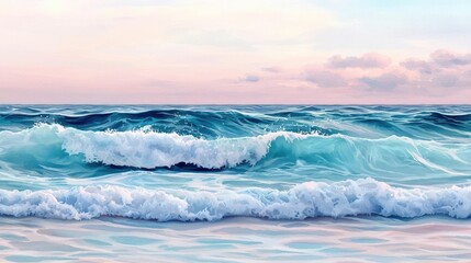 Poster - Seascape abstract background idea. A tranquil ocean landscape with gentle waves at sunset, reflecting soft hues.