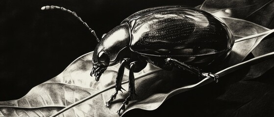 Aufkleber - A close-up image of a small insect sitting on a leaf, in black and white