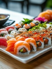 Poster - Deliciously arranged sushi plate featuring spicy tuna and a variety of rolls served on a wooden table in an elegant setting