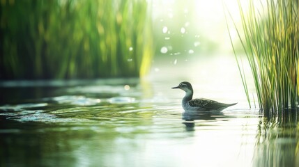 Poster - A lone duck swimming in calm waters
