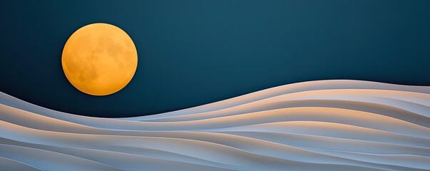 Poster - Seascape abstract background idea. A serene view of soft waves under a bright yellow moon against a dark blue sky.
