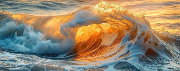 Aufkleber - Seascape abstract background idea. Majestic ocean wave illuminated by golden sunlight during sunset.