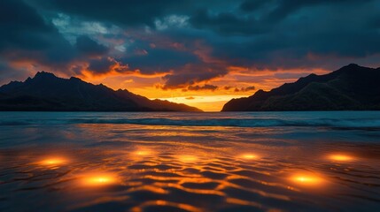 Poster - Seascape abstract background idea. Stunning sunset over a tranquil beach with glowing reflections on the water's surface.