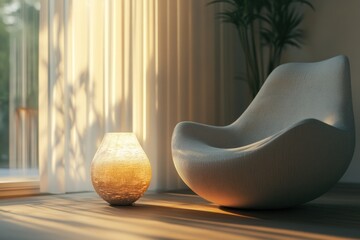 Poster - A simple yet elegant scene with a white chair and a vase on a wooden floor