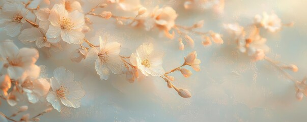 Aufkleber - Floral illustration abstract background concept. Delicate cherry blossoms bloom softly against a serene background.
