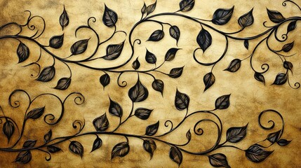 Poster - Ink illustration abstract background concept. Elegant black leaves intertwine across a vintage golden background.