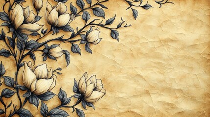 Poster - Ink illustration abstract background concept. Illustration of magnolia flowers against crumpled vintage paper background.