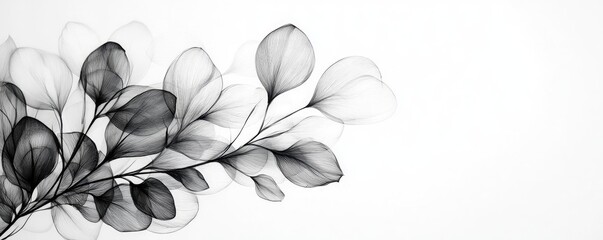 Poster - Ink illustration abstract background concept. A delicate black and white depiction of translucent leaves on a minimal background.