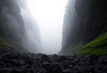 Poster - Misty Valley Morning, Towering Rocks, Serene Landscape, Sunlight Breaks Through. Fog Hangs Low, Creating A Mysterious Atmosphere. A Peaceful Escape Into Nature Awaits. Discover The Beauty Of The