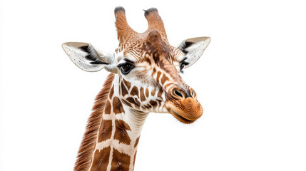 close-up portrait of a giraffe with striking patterns and expressive eyes. isolated on white backgro