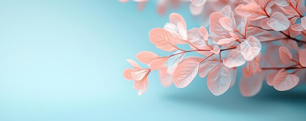 Poster - Floral illustration abstract background concept. Delicate pastel leaves create an elegant, soothing composition on a soft blue background.