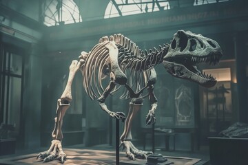 Poster - A fossilized T-Rex skeleton on display in a museum