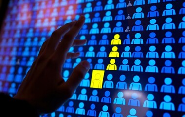 Fototapete - Digital Connection Point. A Hand Interacts With A Screen Displaying Human Icons, Representing Selection, Engagement, And The Concept Of Choosing Individuals In A Technology Interface. The Future Is