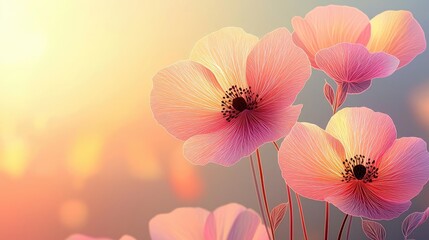 Poster - Floral illustration abstract background concept. Beautiful pink flowers blooming in soft sunlight, creating a serene and peaceful atmosphere.