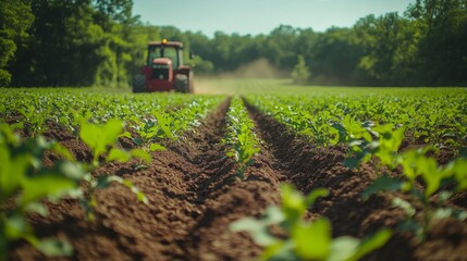 Aufkleber - A tractor is actively cultivating rows of young green plants in a vast agricultural field under clear skies. Dust rises as the machinery works tirelessly to prepare the soil for growth.