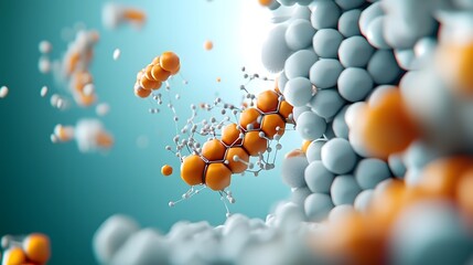 Poster - Highly magnified view of plant based magnetic nanoparticles showcasing their unique geometric shapes and intricate surface patterns illustrated with a blend of scientific realism and abstract