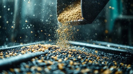 Fototapete - A detailed view of raw materials being processed in a petrochemical refinery factory. Automation technology effectively manages the synthesis and handling of granulated substances.