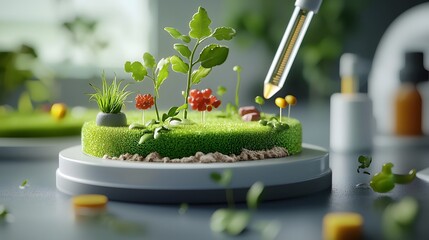 Poster - Lush high magnification microscopic plant specimens growing in a controlled petri dish environment highlighting intricate cellular structures and the innovations in plant biotechnology