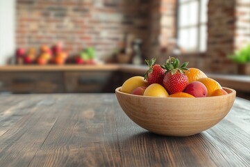 Aufkleber - Fresh fruit bowl beautifully arranged on a wooden table in a rustic kitchen setting