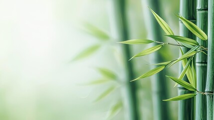 Poster - Ink illustration abstract background concept. Beautiful green bamboo stalks and leaves against a soft, blurred background.