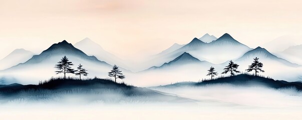 Poster - Ink illustration abstract background concept. Beautiful serene mountains with mist, capturing the essence of nature's tranquility.