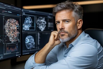 Poster - Thoughtful man analyzing data on multiple screens in a modern workspace environment